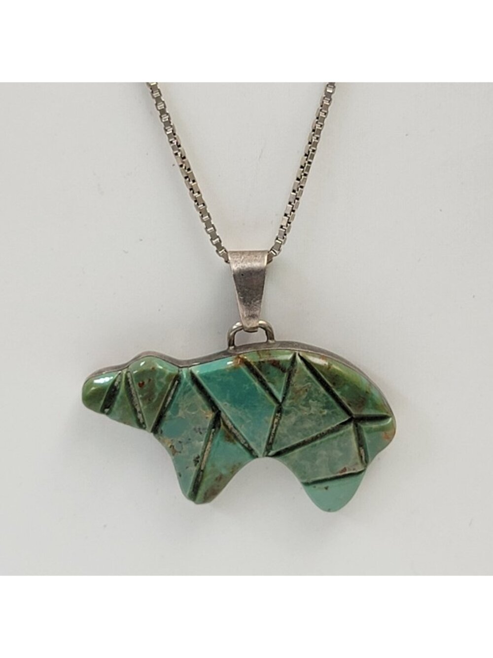 Vintage FS Navajo Mosaic Inlay Royston Turquoise Bear Sterling Pendant With 925